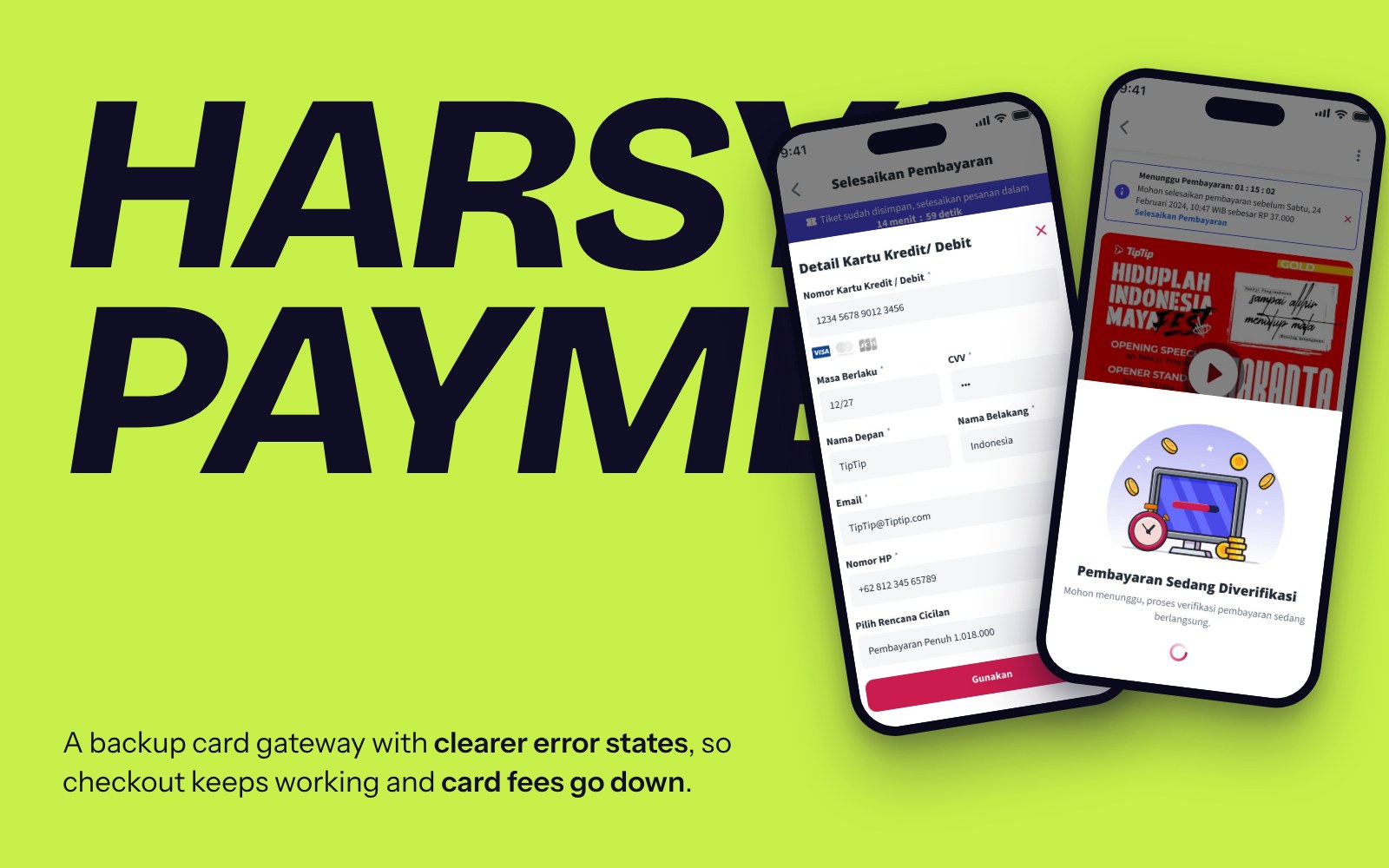 Harsya credit card payment screens on three phones