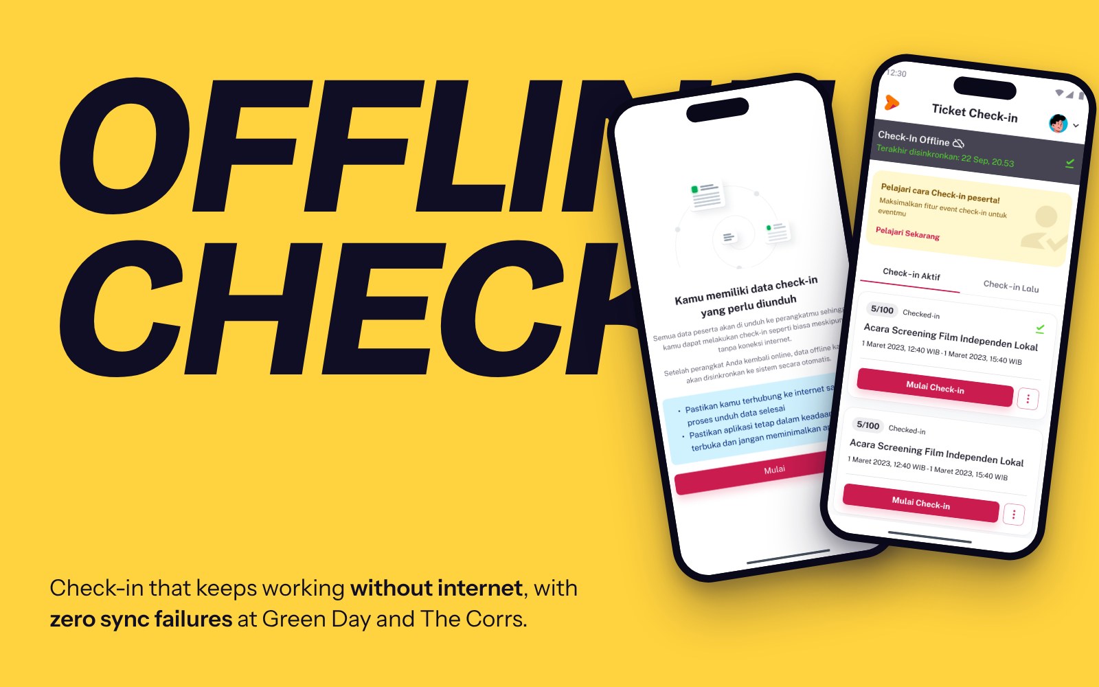 Offline check-in screens on two phones