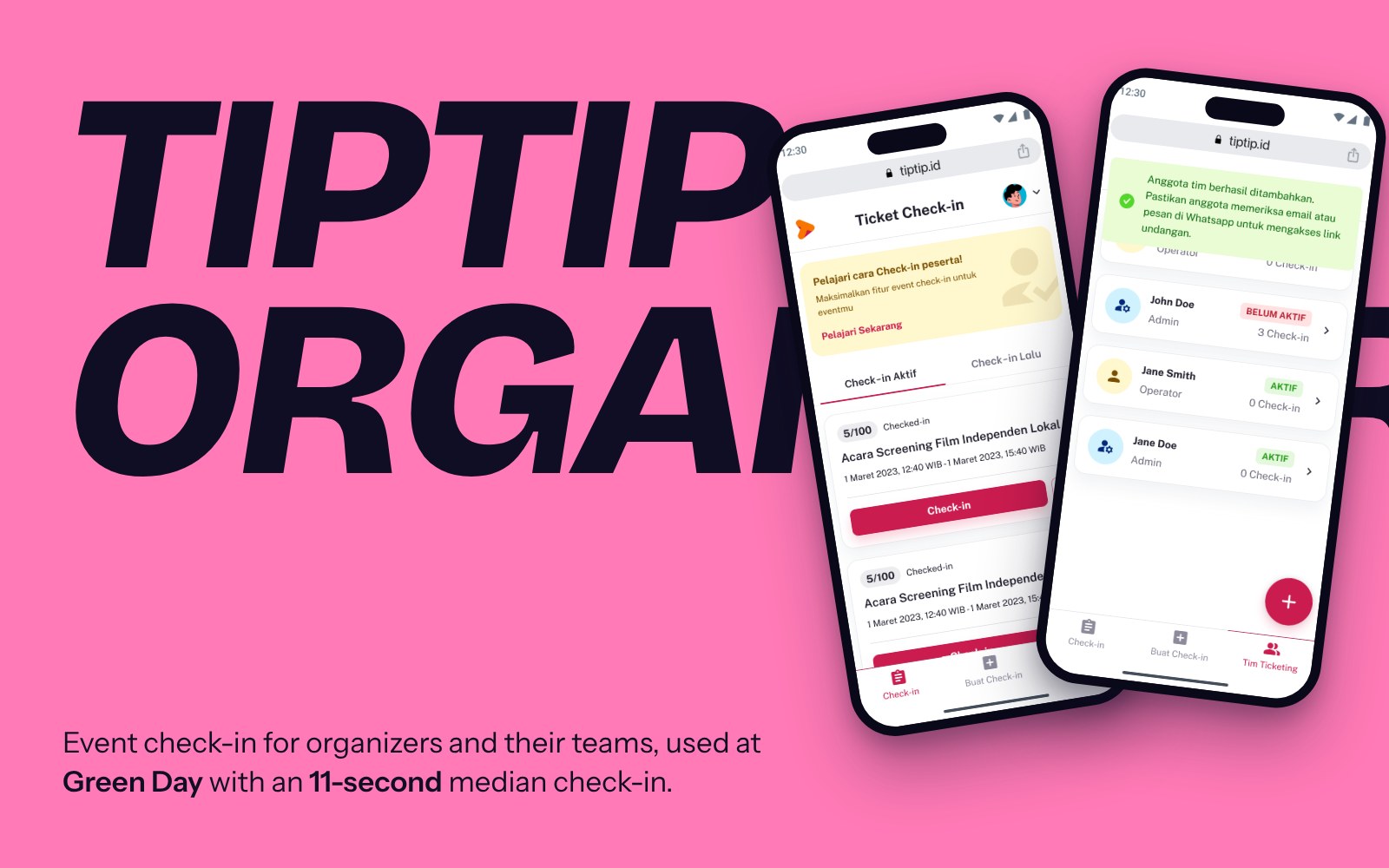 TipTip Organizer check-in screens on three phones