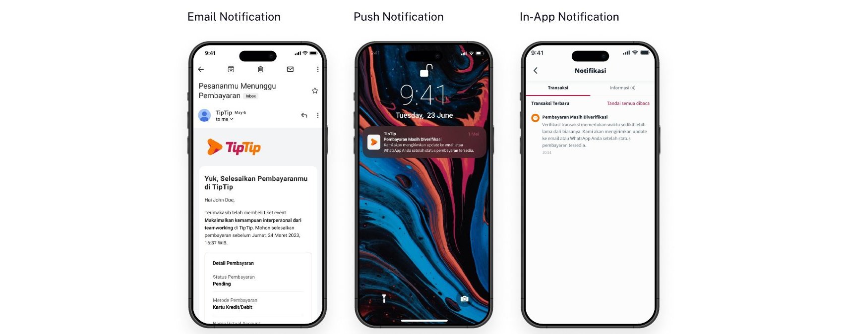 Email, push and in-app notifications about payment status