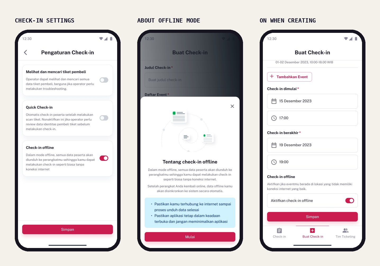 Check-in settings with offline toggle, offline mode explainer and create check-in form