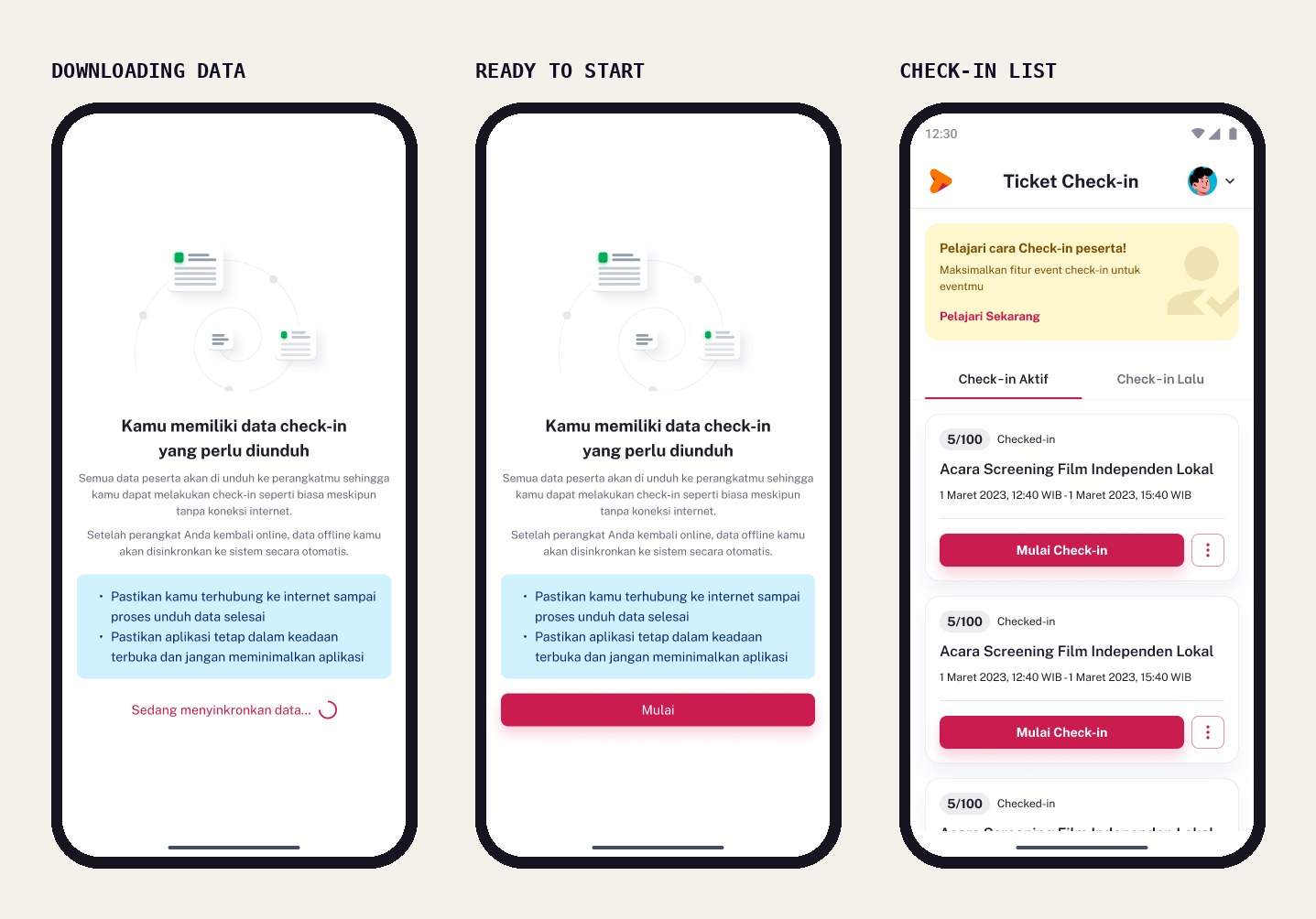 Downloading check-in data, ready to start and check-in list screens