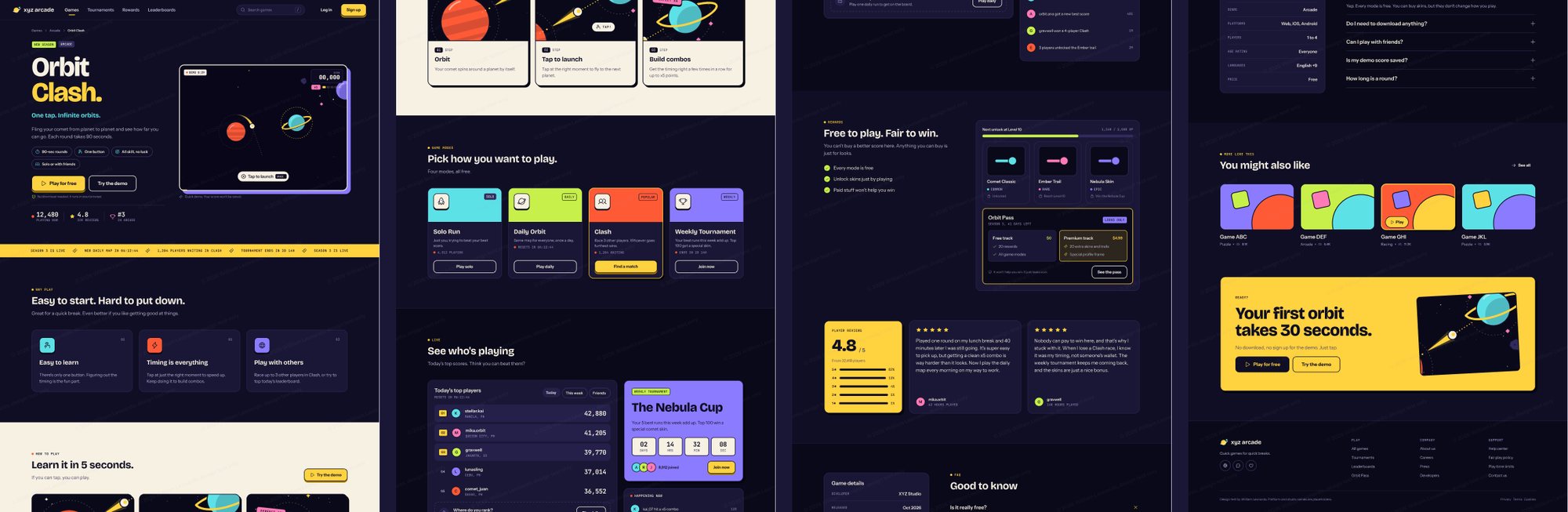 The full Orbit Clash page split into four columns