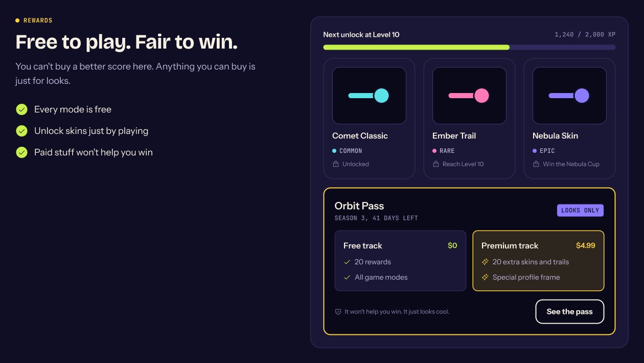 Rewards section with unlockable skins and Orbit Pass