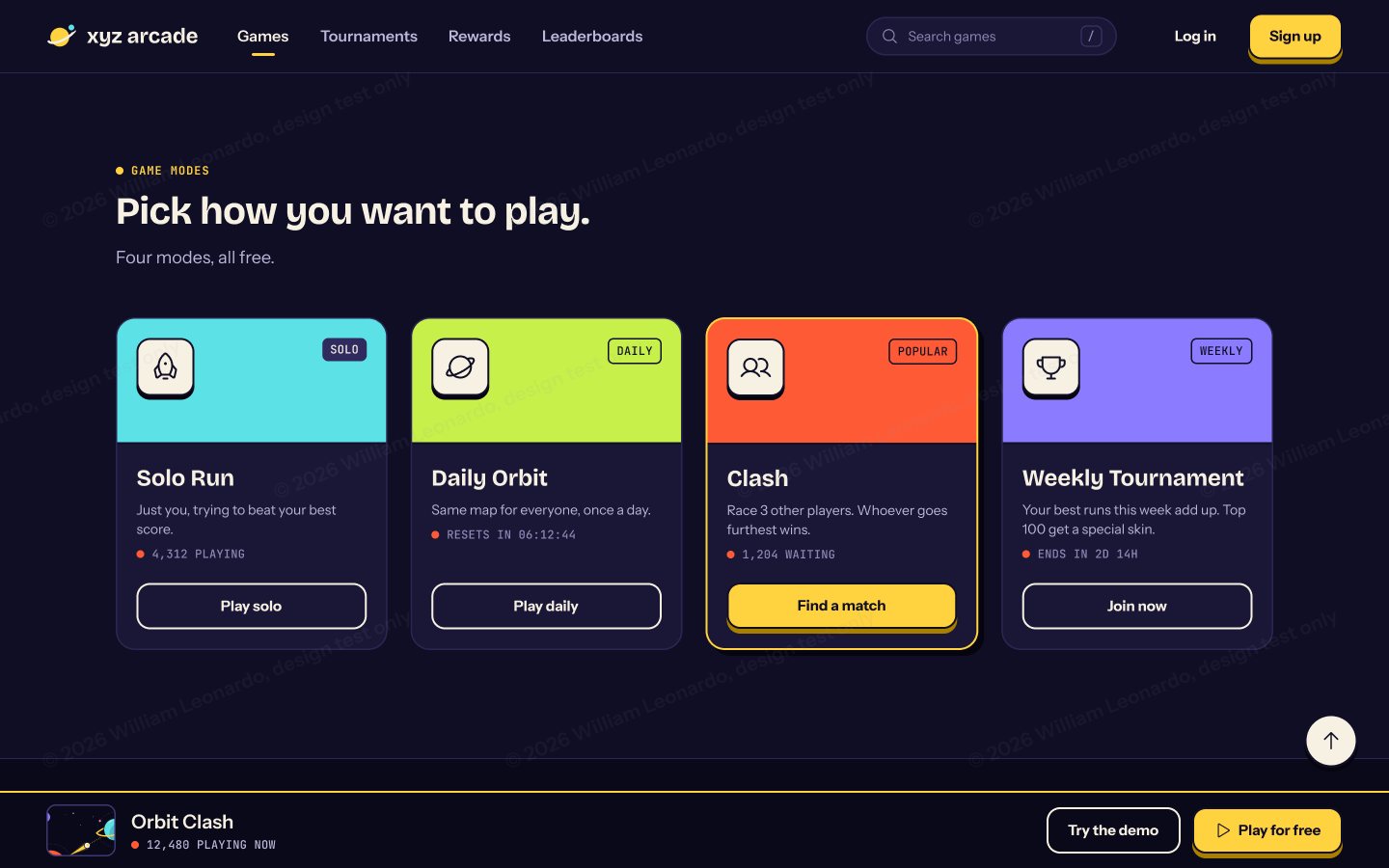 Scrolled page with game modes and the sticky play bar