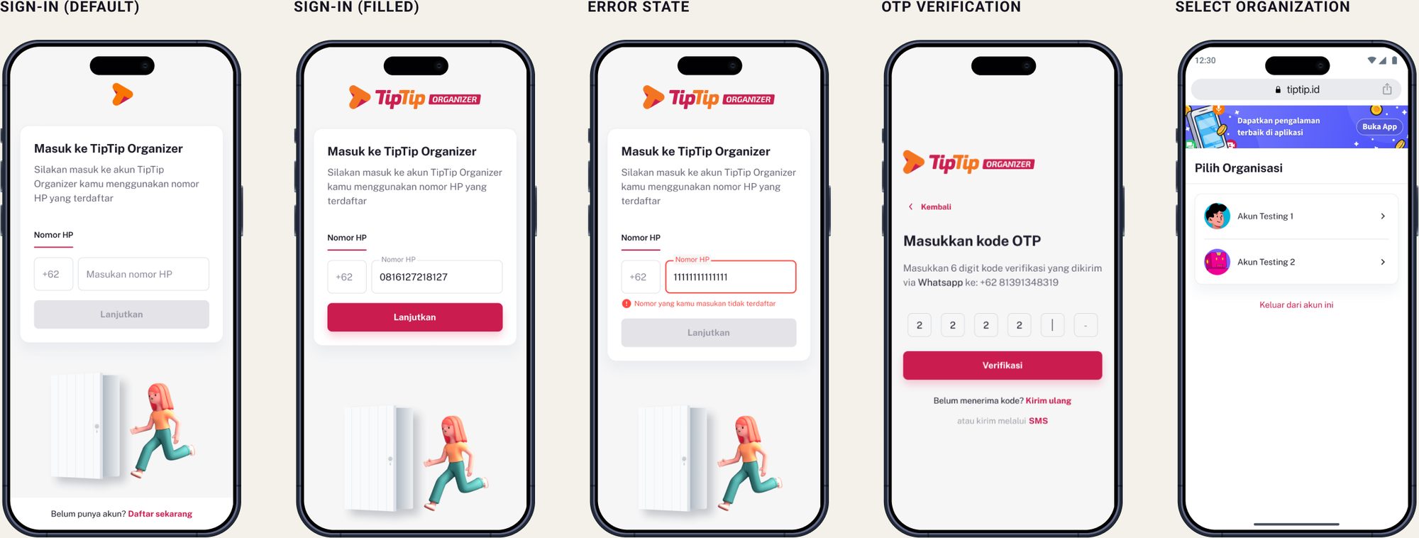 Sign in, OTP verification and select organization screens