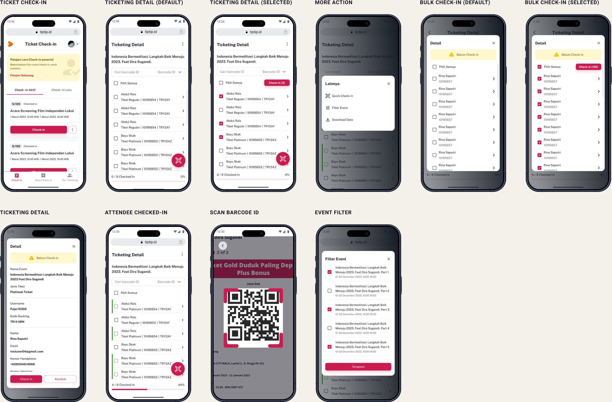 Regular check-in screens with ticket details and QR scan