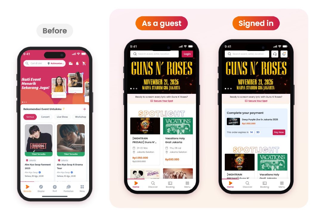 Homepage before and after, as a guest and signed in