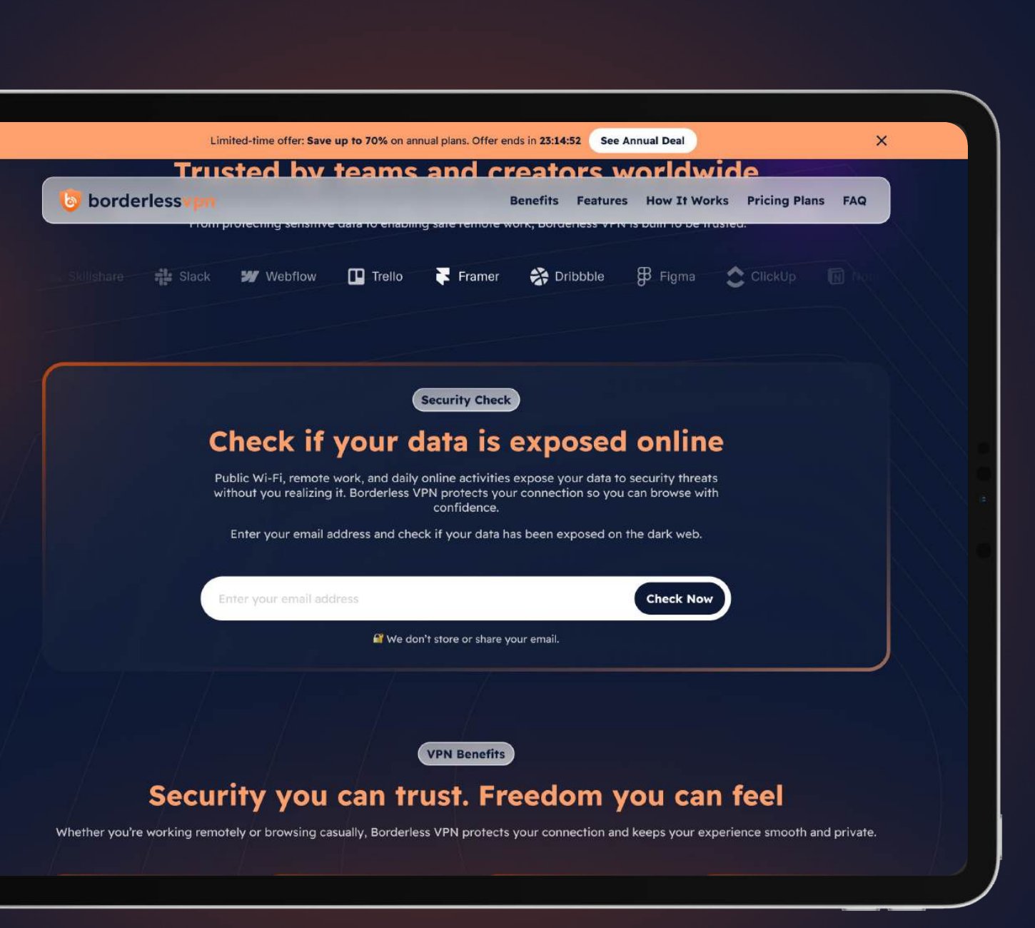Security Check section asking for an email to check data exposure