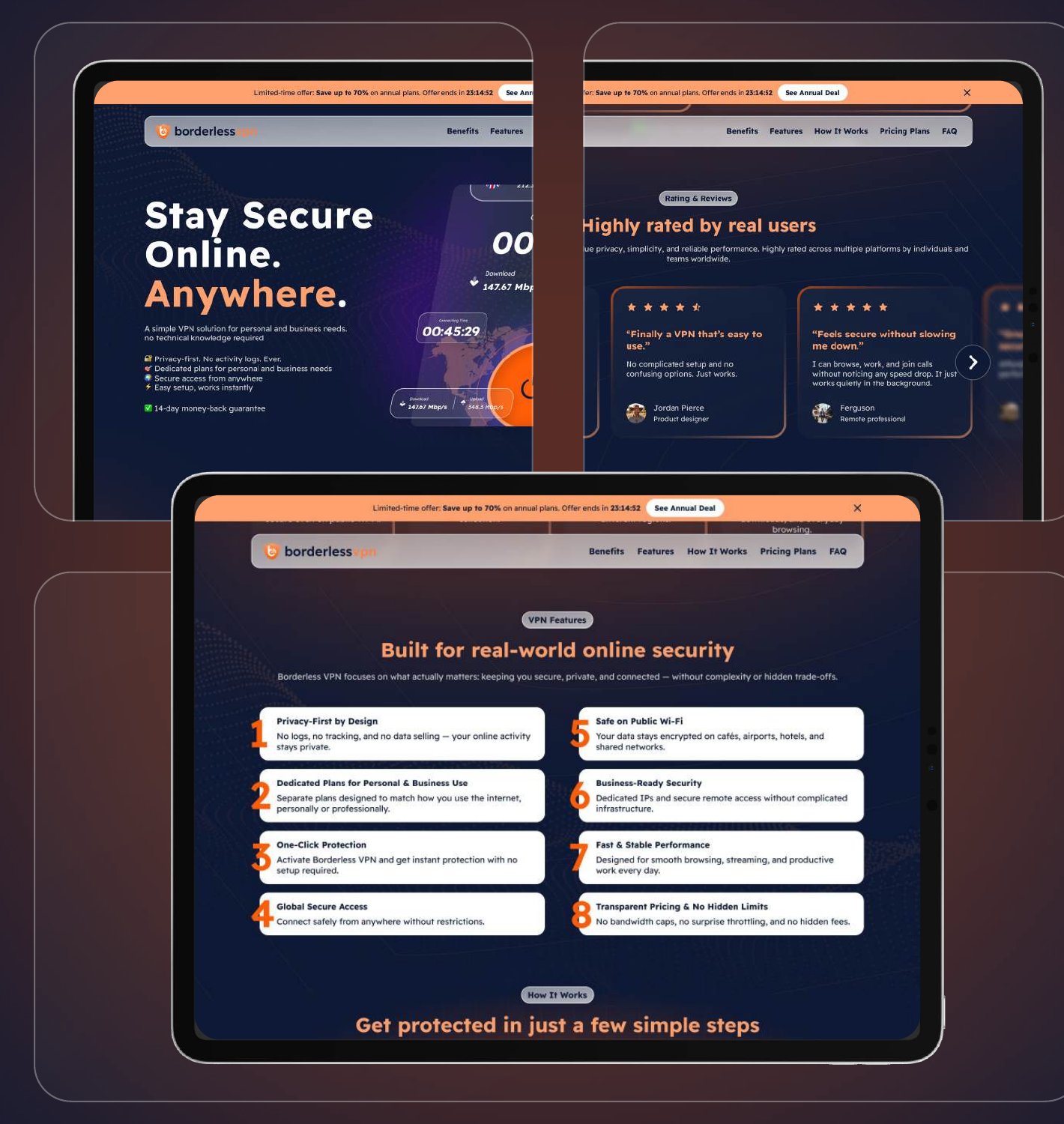 Landing page hero, reviews and feature sections
